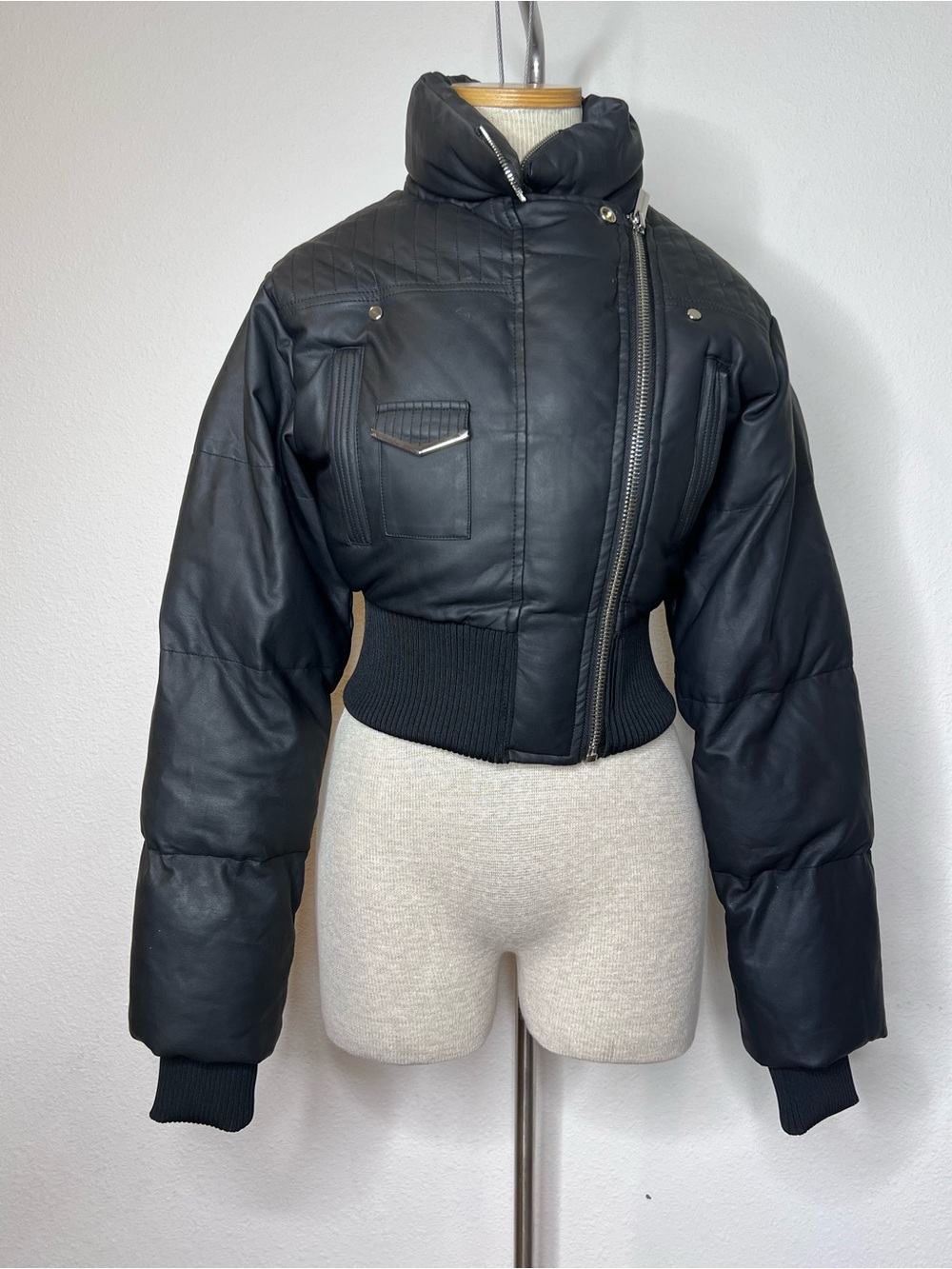 Maniere De Voir Dalya Matte Black Cropped Bomber Biker Puffer Jacket